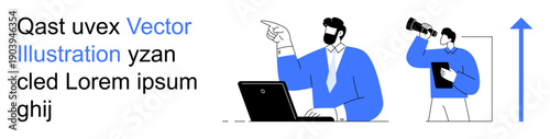 Business strategy, teamwork, communication, technology, data analysis, vision planning. A man using a laptop and a man viewing through binoculars. Business strategy and teamwork concepts