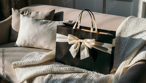 Luxury Gift Shopping Bag on Cozy Sofa