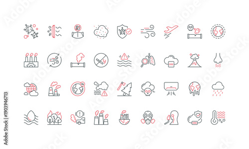 Air pollution, filter of purifier and N95 mask, smog control line icon set. Ozone layer, bad smell and dirty air of emissions, toxic gas leak thin black and red outline symbols vector illustration