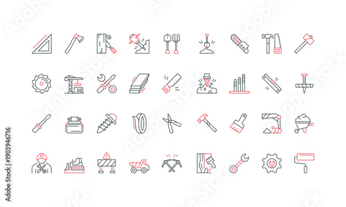 Construction work tools and machinery, hardware, toolbox for building line icon set. Drill and rotary hammer, wrench and tongs, saw, screw thin black and red outline symbols vector illustration