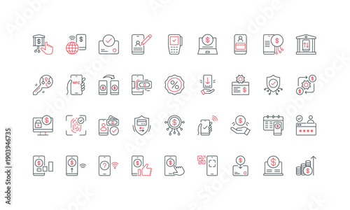 Mobile banking, online money and bank payment, virtual card management line icon set. Cybersecurity, biometric authentication, P2P and investment thin black and red outline symbols vector illustration