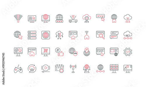 Internet and VPN, cloud services of digital network, website, domain line icon set. Browser URL, streaming, online game and shopping, 5G signal thin black and red outline symbols vector illustration