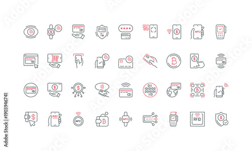 Contactless, international and fast easy payment, online wallet, credit card line icon set. Secure bank transaction and cryptocurrency, NFC thin black and red outline symbols vector illustration