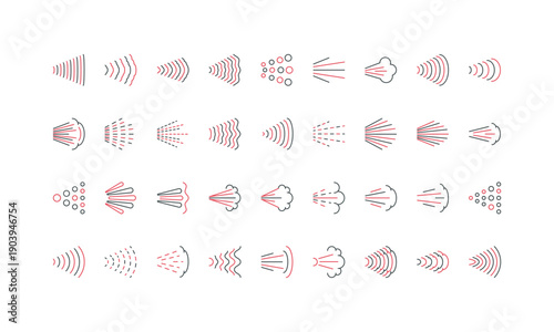 Spray, mist of water or paint in air, explosion of particles or dust, smell flow line icon set. Jet under pressure of aerosol or sprayer thin black and red outline symbols vector illustration