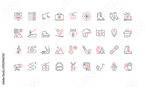 Ski resort, Alpine skiing tour, snowboarding line icon set. Chairlift and gondola lift, skier and sport equipment rental, mountain slope thin black and red outline symbols vector illustration