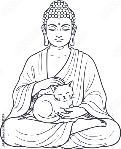 hand drawn illustration of buddha meditating with a cat in his lap black fill sketch with no white background for easy editing