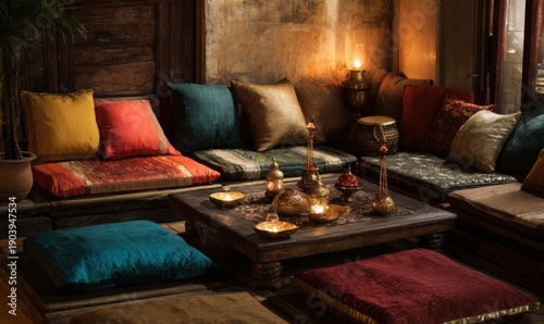 A living room with a table and a couch