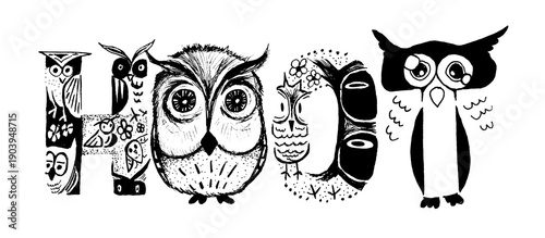 Hand lettered design of the word Hoot with owl doodles in the wordmark, vintage pen and ink drawing 