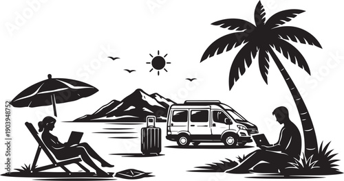 Remote work beach vacation vector illustration. People working on laptops by camper van, palm tree, mountains, and ocean, isolated on white