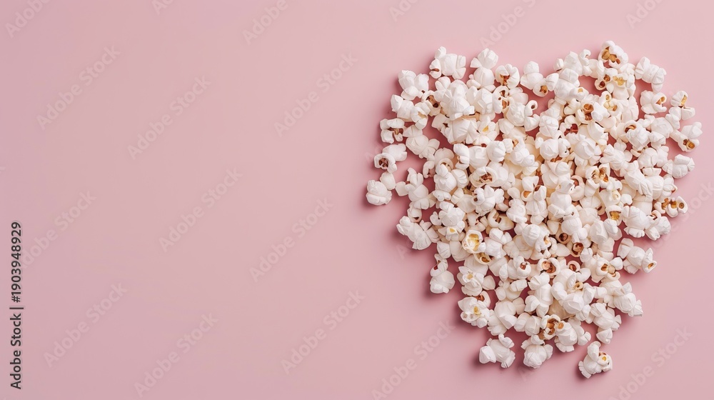 Fototapeta premium Popcorn is arranged to form a heart shape on a pastel background. This setup is ideal for parties or special occasions with a light and playful theme