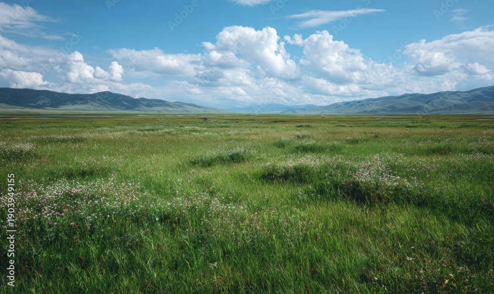 Obraz premium A large field of grass with a few flowers in it