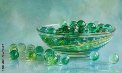 A bowl of green marbles sits on a table