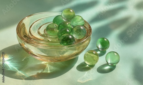 A bowl of green marbles sits on a table