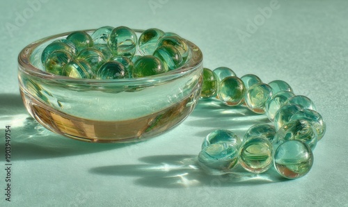 A bowl of marbles is on a table