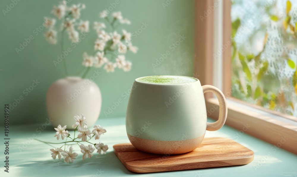 Fototapeta premium A white mug with green tea sits on a wooden tray