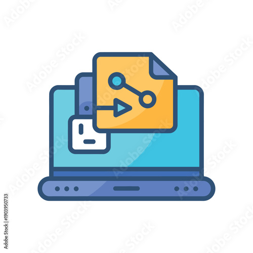 A graphic illustration of a laptop with a file transfer icon on the screen.