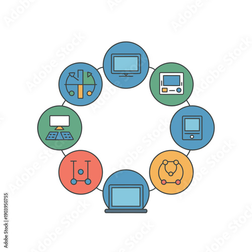 A colorful illustration of various computer devices connected in a circle, representing technology and communication.