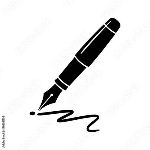 A black fountain pen writing on a white background with a smooth ink flow