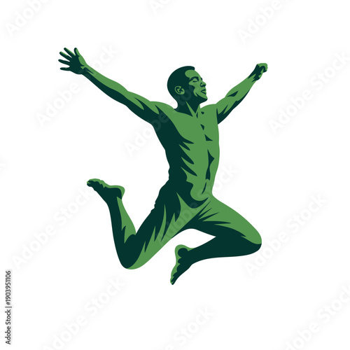 A green silhouette of a man jumping in the air with his arms outstretched in a joyful expression of freedom and happiness.