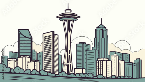 Iconic Cityscape View of Tall Central Observation Tower Surrounded by Modern Commercial Architecture Downtown District seattle skyline