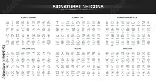 Comprehensive line icon set covering business meetings, communication, public speaking, workshops, and teamwork concepts, ideal for professional and corporate themes isolated vector illustration