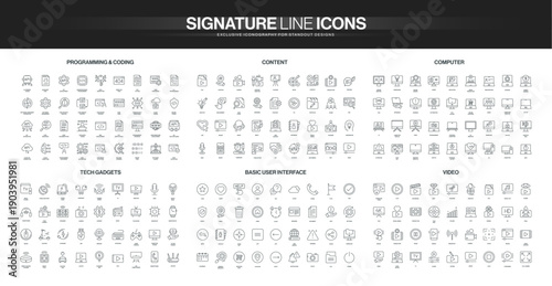 Modern line icons collection covers programming, digital content, computers, tech gadgets, user interface, and video technology, suitable for digital design projects isolated vector illustration