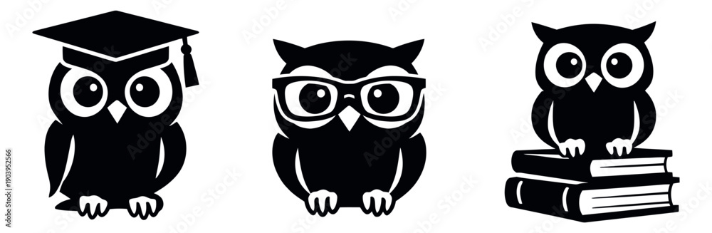Obraz premium Stylized owl set featuring an owl with a graduation cap, an owl with glasses, and an owl on books for education and wisdom