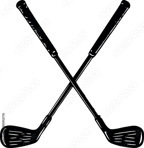 Crossed Golf Clubs Graphic in a Realistic Hand Drawn Style Black and White Vector