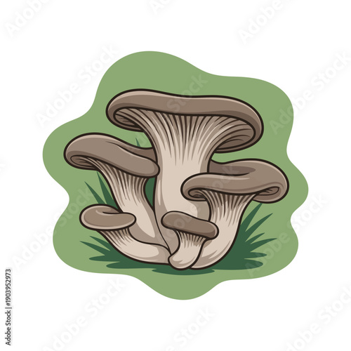 An illustration of a cluster of mushrooms growing in the grass