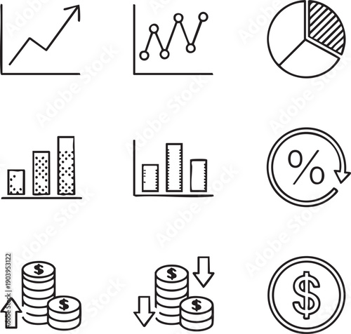 Financial Data Chart and Money Graph Silhouettes on White Background