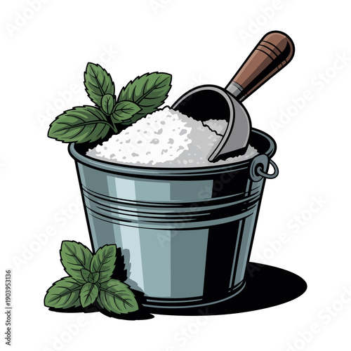 A metal bucket filled with white sugar and a scoop, surrounded by fresh green leaves on a plain white background.