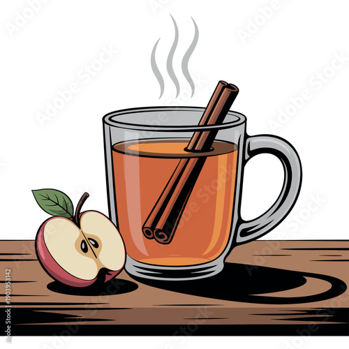 A steaming mug of apple cider with a cinnamon stick and a sliced apple on a wooden table