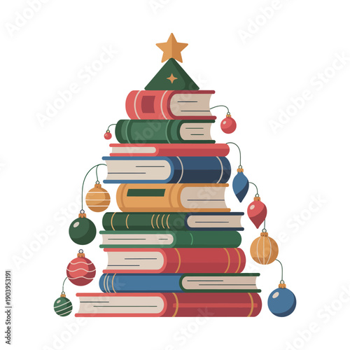A stack of colorful books decorated as a Christmas tree with ornaments and a star on top, symbolizing holiday reading and learning.