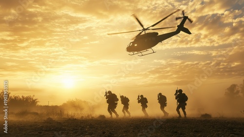 Soldiers in Formation Under Helicopter Against Sunset