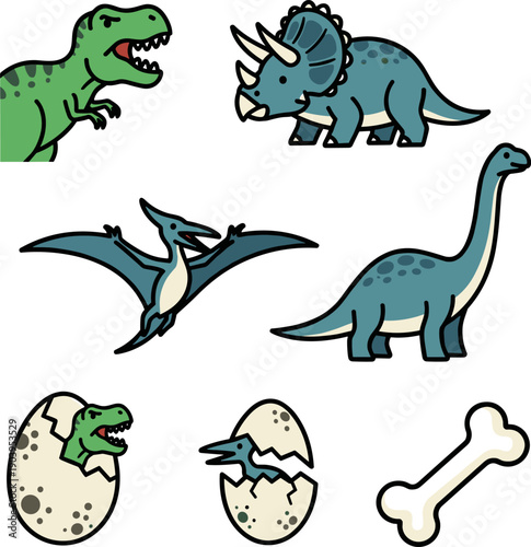 Cute Dinosaur Sticker Set with T-Rex Triceratops and Brachiosaurus, Flat Vector Illustration
