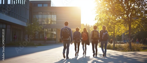 Students Walking Together Towards Bright Sunlit Campus