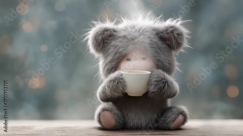 Adorable fuzzy teddy bear holding a steaming cup of coffee or cocoa