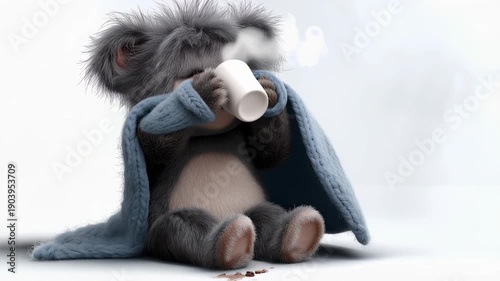 Adorable fuzzy teddy bear holding a steaming cup of coffee or cocoa