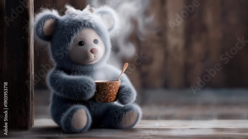 Adorable fuzzy teddy bear holding a steaming cup of coffee or cocoa
