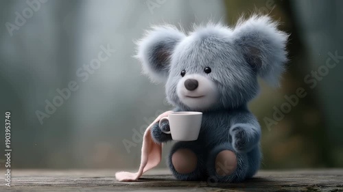 Adorable fuzzy teddy bear holding a steaming cup of coffee or cocoa
