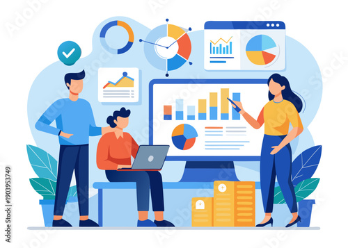 Vibrant flat vector illustration of business analytics professionals collaborating on data analysis, visualizing performance, and strategizing for growth
