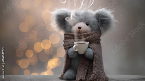 Adorable fuzzy teddy bear holding a steaming cup of coffee or cocoa