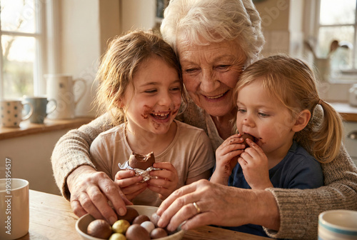 Grandmother and grandchildren eating chocolate Easter eggs, joyful family celebration, sweet spring moment