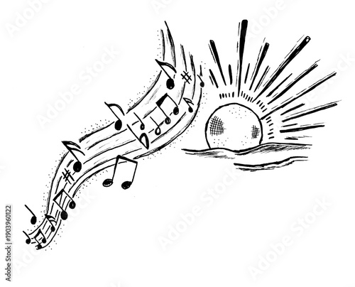 Hand-drawn pen and ink illustration for a music festival with a sun drawing and music notes