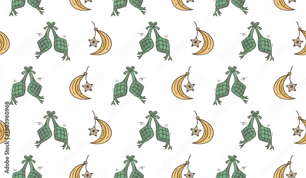 Fototapeta premium Ramadan doodle background. Eid al fitr doodle pattern background. Eid mubarak seamless pattern with crescent moon and ketupat doodle illustration. Ramadan hand drawn background.