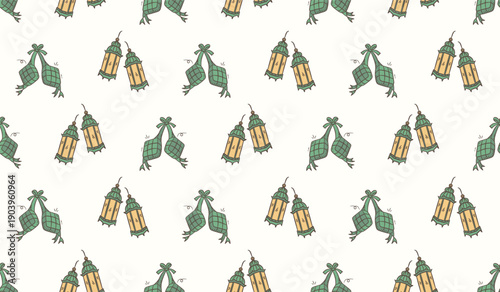 Ramadan doodle background. Eid al fitr doodle pattern background. Eid mubarak seamless pattern with lantern and ketupat doodle illustration. Ramadan hand drawn background.