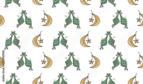 Ramadan doodle background. Eid al fitr doodle pattern background. Eid mubarak seamless pattern with crescent moon and ketupat doodle illustration. Ramadan hand drawn background.