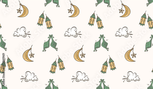 Ramadan doodle background. Eid al fitr doodle pattern background. Eid mubarak seamless pattern with lantern, crescent moon, sky, ketupat doodle illustration. Ramadan hand drawn background.