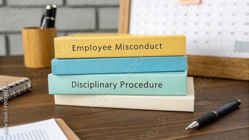 Colorful Books on Desk Related to Employee Misconduct and Disciplinary Procedure in Office Setting