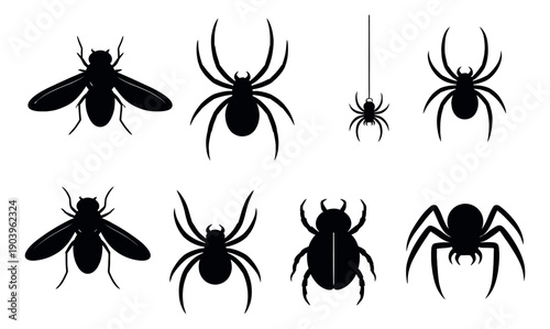 Silhouette bug icon set featuring flies, spiders, and a beetle for nature and Halloween projects